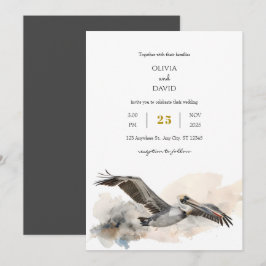 Convite Casamento Rustic Costal Pelican Watercolor Beach