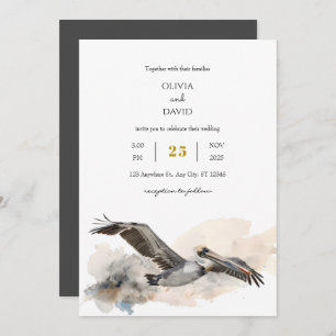 Convite Casamento Rustic Costal Pelican Watercolor Beach