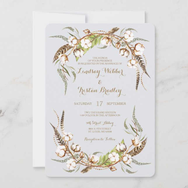 Convite Casamento Rustic Cotton Wreath (Frente)