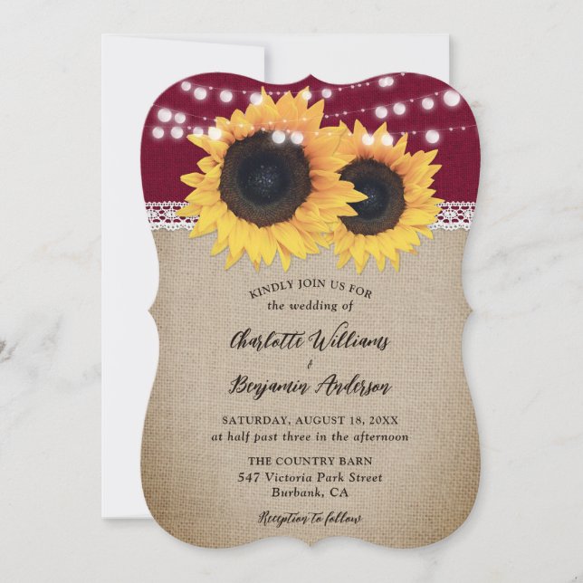 Convite Casamento Rustic Country Burgundy Burlap Sunflower (Frente)