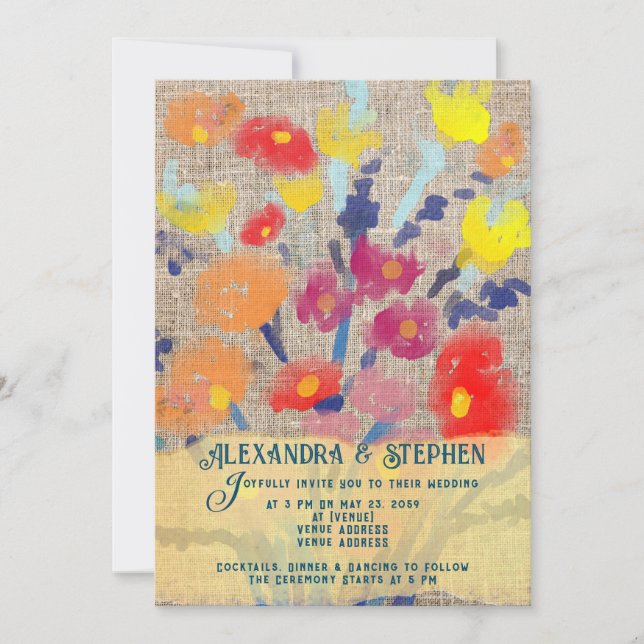 Convite Casamento Rustic Country Burlap Bohemian Wildflowe (Frente)