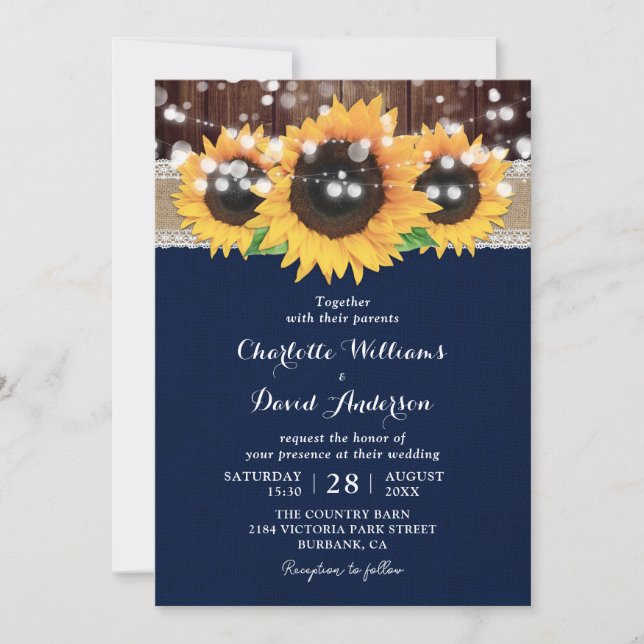 Convite Casamento Rustic Country Marinho Blue Sunflower Ba (Frente)
