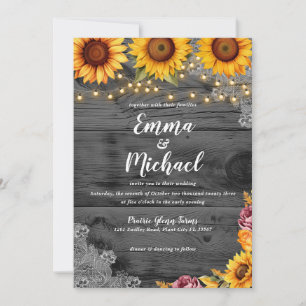 Convite Casamento Rustic Country Sunflower & String Lights