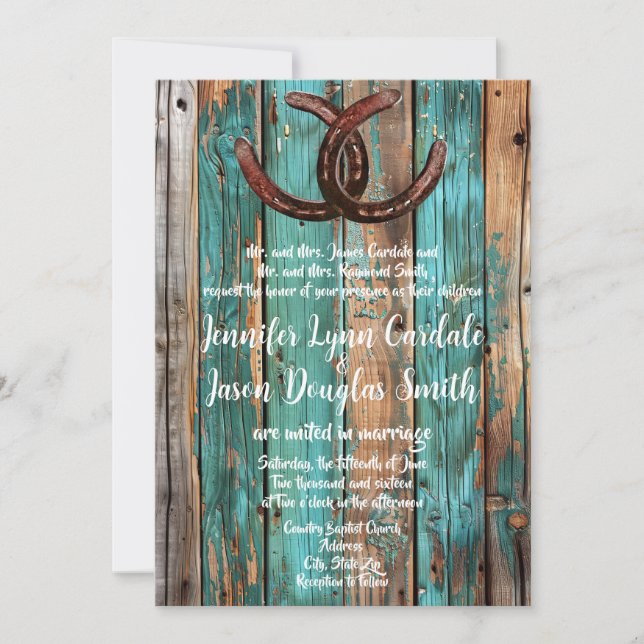 Convite Casamento Rustic Country Teal Barn Wood (Frente)