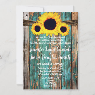 Convite Casamento Rustic Country Teal Barn Wood Sunflower