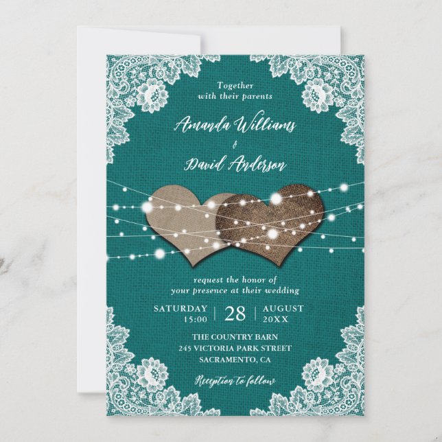 Convite Casamento Rustic Country Teal Burlap (Frente)