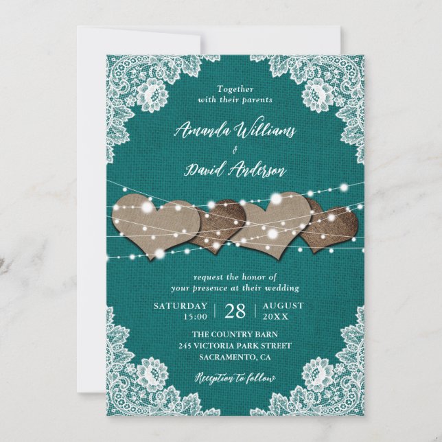 Convite Casamento Rustic Country Teal Burlap (Frente)