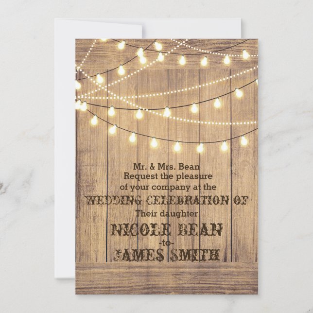 Convite Casamento Rustic Country Western Wood & Lights (Frente)