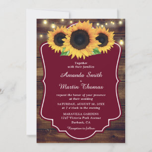 Convite Casamento Rustic Country Wood Burgundy Sunflower