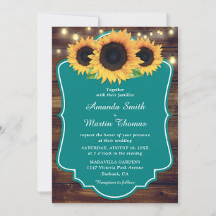 Convite Casamento Rustic Country Wood Teal Sunflower
