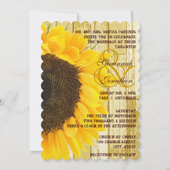 Convite Casamento Rustic Coutry Chic Barn Wood Sunflower (Frente)