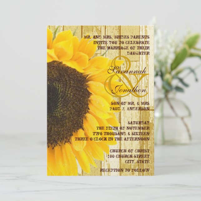 Convite Casamento Rustic Coutry Chic Barn Wood Sunflower (Em pé/Frente)