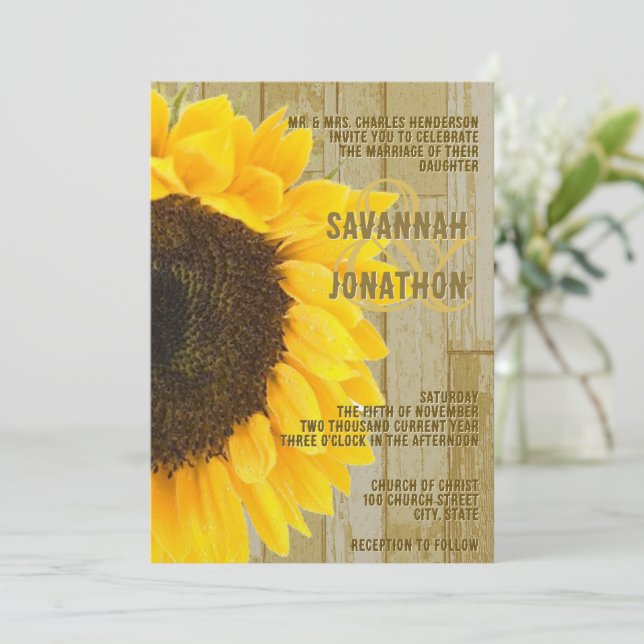 Convite Casamento Rustic Coutry Chic Barn Wood Sunflower (Em pé/Frente)
