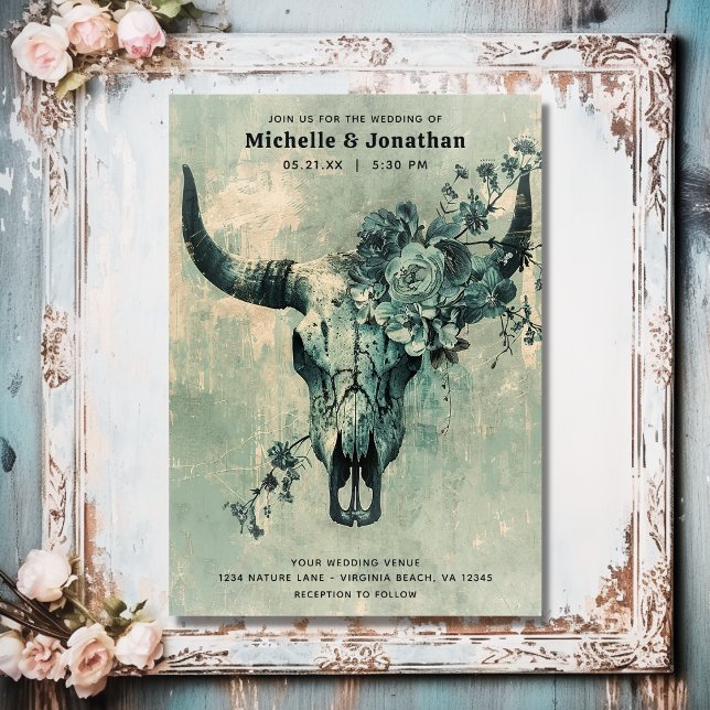 Convite Casamento Rustic Cow Skull Floral Boho Western (Front - Rustic Cow Skull Floral Boho Western Wedding Invitation)