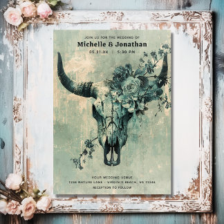 Convite Casamento Rustic Cow Skull Floral Boho Western