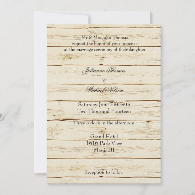 Convite Casamento Rustic Cream Wood (Frente)