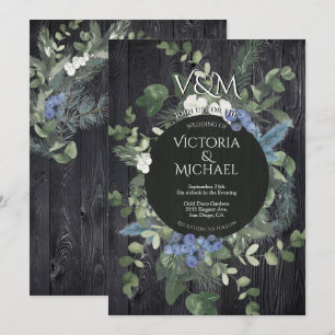 Convite Casamento Rustic Dark Wood Floral & Pine Forest