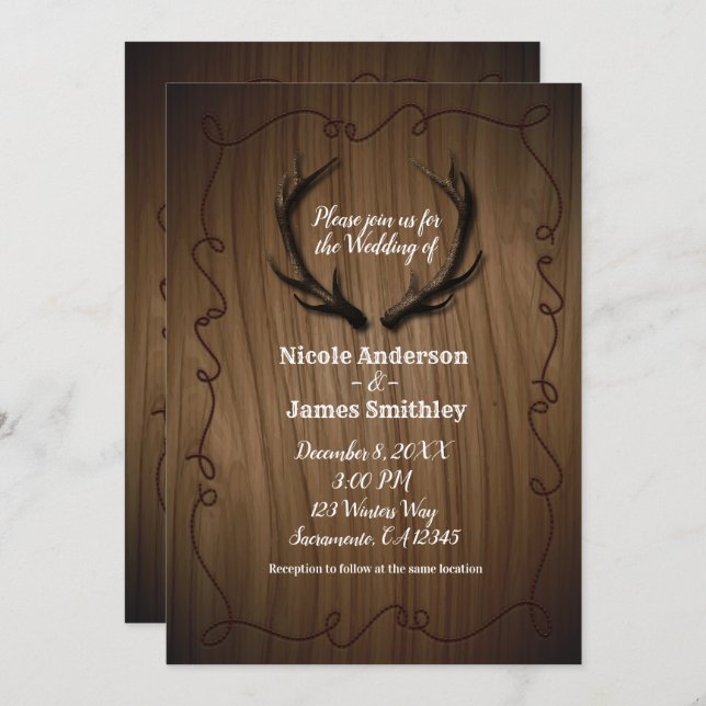 Convite Casamento Rustic Deer Antlers Country Wood Barn (Frente/Verso)