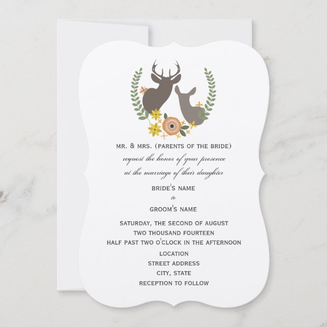 Convite Casamento Rustic Deer - Orange Floral (Frente)