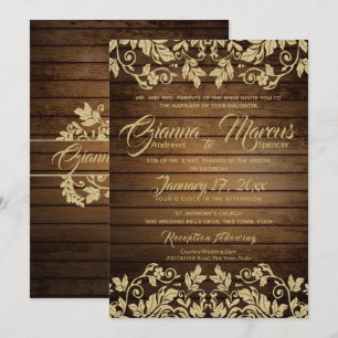 Convite Casamento Rustic Dourado Damask and Barn Wood