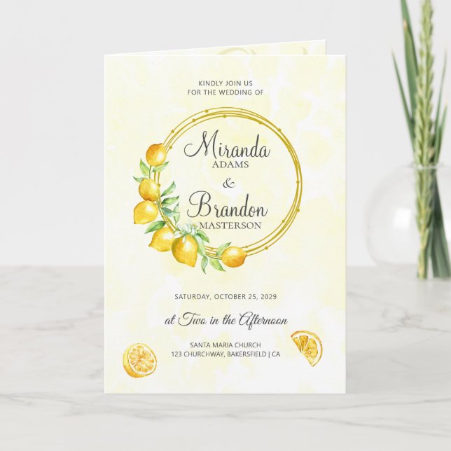 Convite Casamento Rustic Dourado Wreath Lemon Summer Boho (Frente)