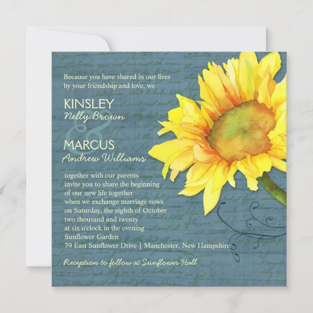 Convite Casamento Rustic Dusky Blue Sunflower (Frente)