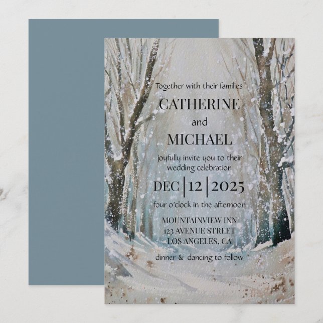 Convite Casamento Rustic Dusty Blue Forest Watercolor (Frente/Verso)