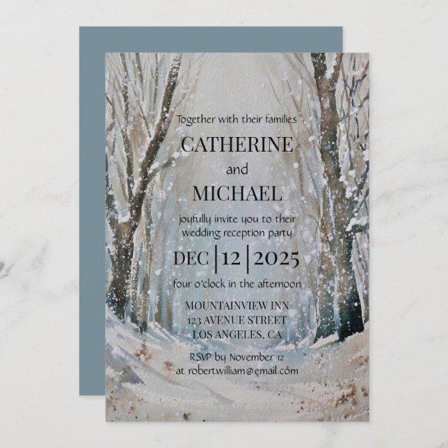 Convite Casamento Rustic Dusty Blue Forest Watercolor (Frente/Verso)
