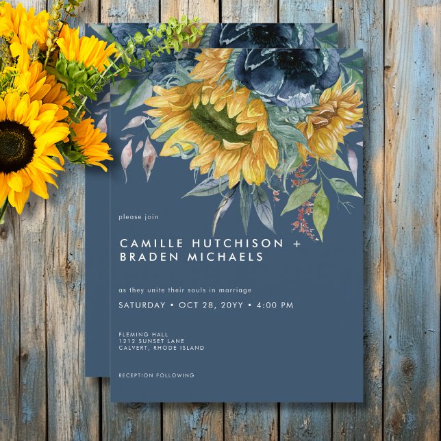 Convite Casamento Rustic Dusty Blue Sunflower (Criador carregado)