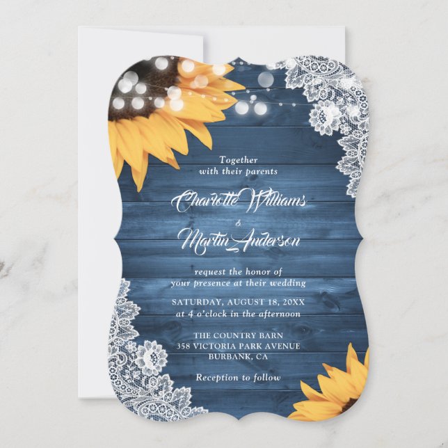 Convite Casamento Rustic Dusty Blue Wood Lace Sunflower (Frente)