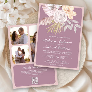 Convite Casamento Rustic Dusty Mauve Rosa Floral Código QR