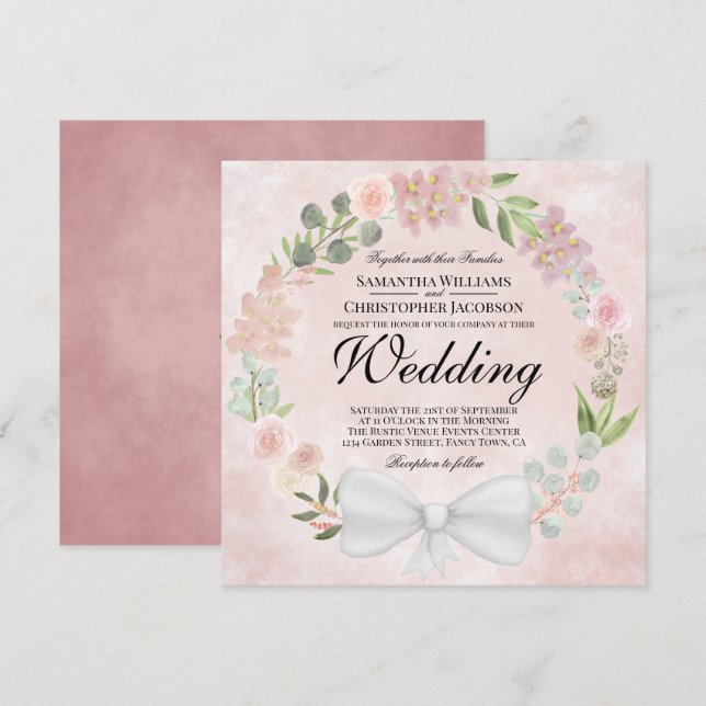 Convite Casamento Rustic Dusty Rosa Watercolor Wreath (Frente/Verso)