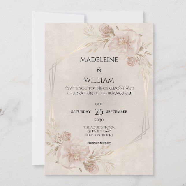 Convite Casamento Rustic Dusty Roses Rosa e Flores Selvage (Frente)