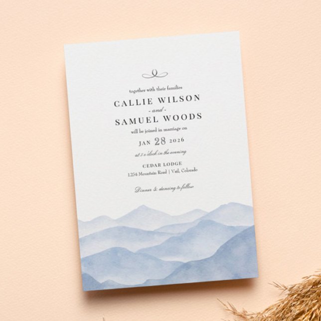 Convite Casamento Rustic Elegant Blue Mountain Watercolor (Criador carregado)