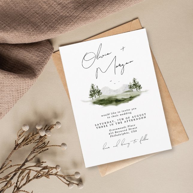 Convite Casamento Rustic Elegant Watercolor Mountain (Criador carregado)