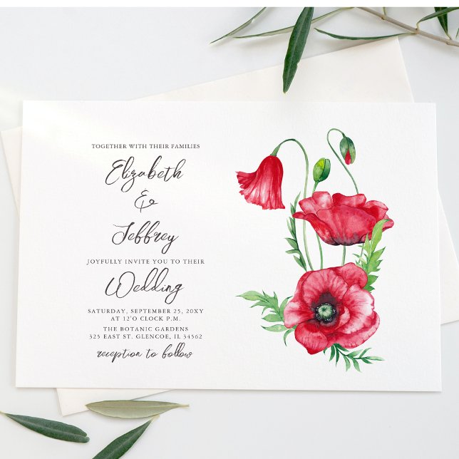 Convite Casamento Rustic Elegant Watercolor Red Poppy (Criador carregado)