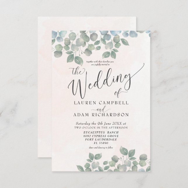 Convite Casamento Rustic Eucalyptus Green & Coral Watercol (Frente/Verso)