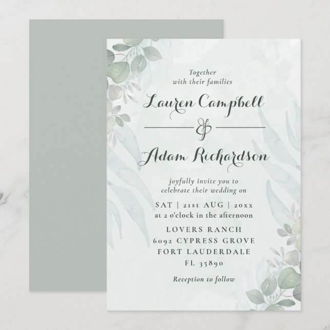 Convite Casamento Rustic Eucalyptus Green Watercolor (Frente/Verso)