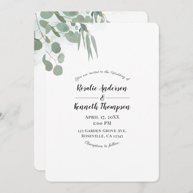 Convite Casamento Rustic Eucalyptus Minimal Greenery Chic (Frente/Verso)