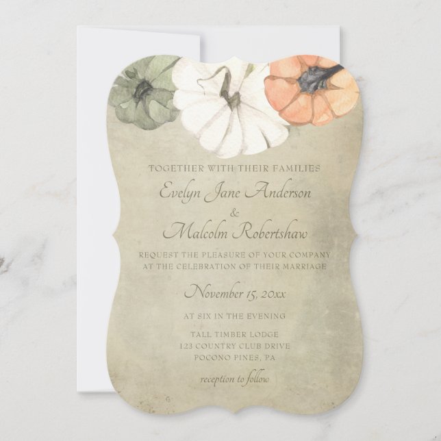 Convite Casamento Rustic Fall Autumn White, Orange Pumpkin (Frente)