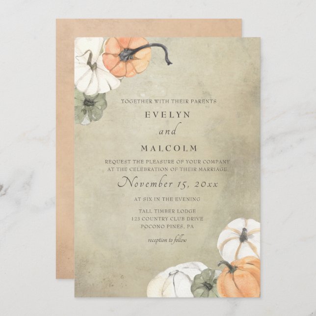 Convite Casamento Rustic Fall Autumn White, Orange Pumpkin (Frente/Verso)