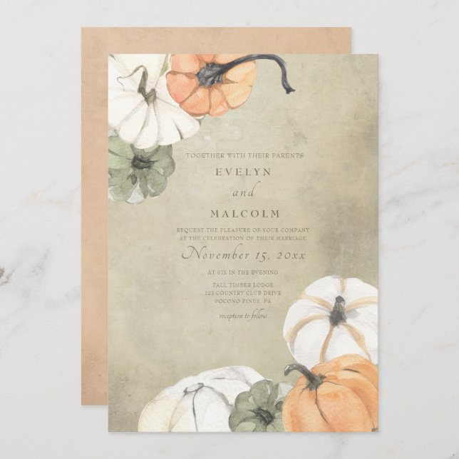 Convite Casamento Rustic Fall Autumn White, Orange Pumpkin (Frente/Verso)