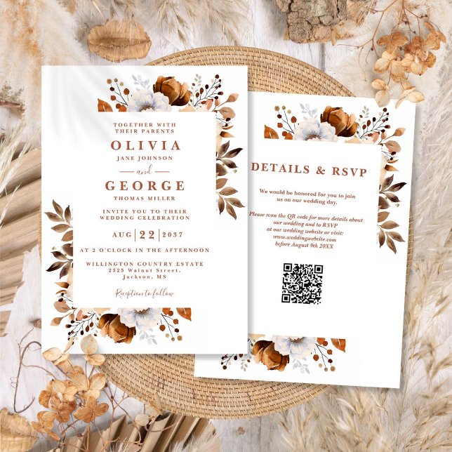 Convite Casamento Rustic Fall Terracotta Floral Código QR (Rustic Fall Terracotta Floral QR Code Wedding Invitation)
