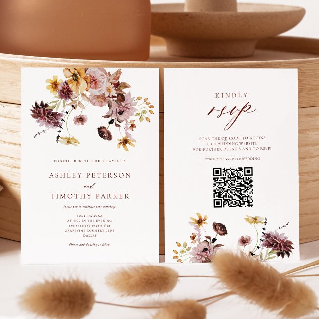 Convite Casamento Rustic Fall Terracotta Floral QR (Criador carregado)