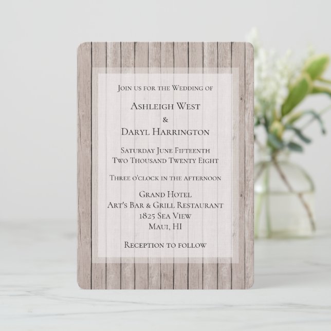 Convite Casamento Rustic Faux Brown Wood (Em pé/Frente)