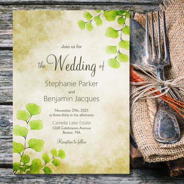 Convite Casamento Rustic Fern Leaf (Criador carregado)