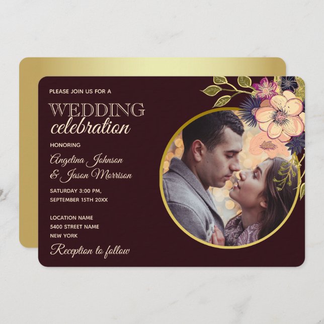 Convite Casamento Rustic Floral Burgundy (Frente/Verso)
