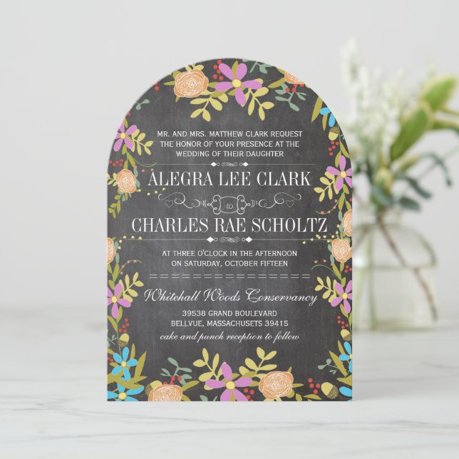 Convite Casamento Rustic Floral Greenery Chalkboard (Em pé/Frente)