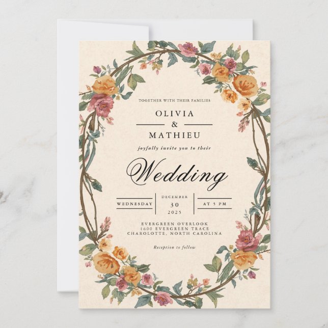 Convite Casamento Rustic Floral Oval Border (Frente)