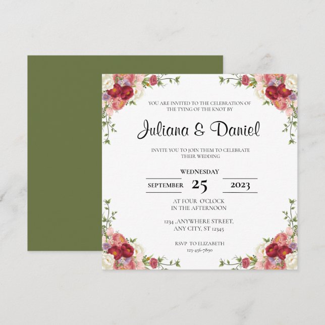 Convite Casamento Rustic Floral Square (Frente/Verso)